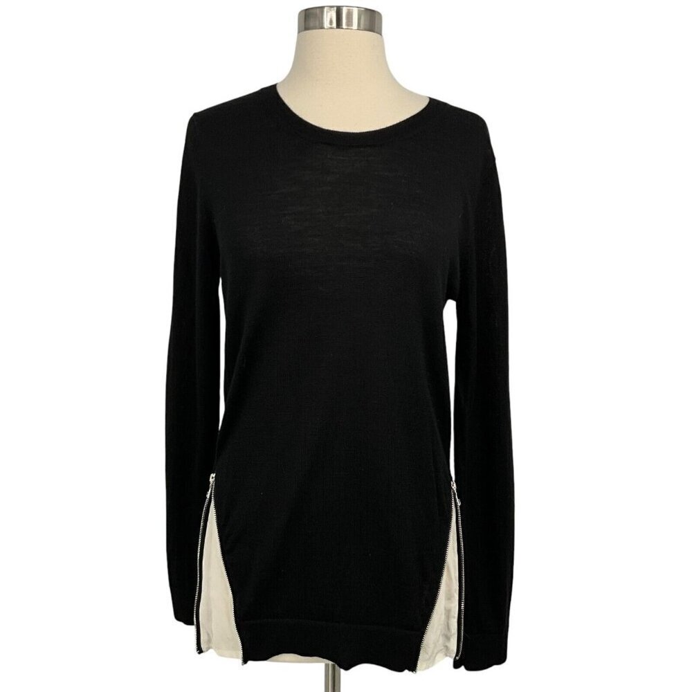 Sandro Paris Merino Wool Sweater Black Size 2 / S Silk Details Zipper Pullover - Picture 1 of 13
